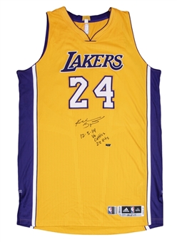 2014-15 Kobe Bryant Game Used and Signed Los Angeles Lakers #24 Gold Home Jersey Photo Matched To 12/5/14 - 22 Pt. Game At Boston (MeiGray & Panini)